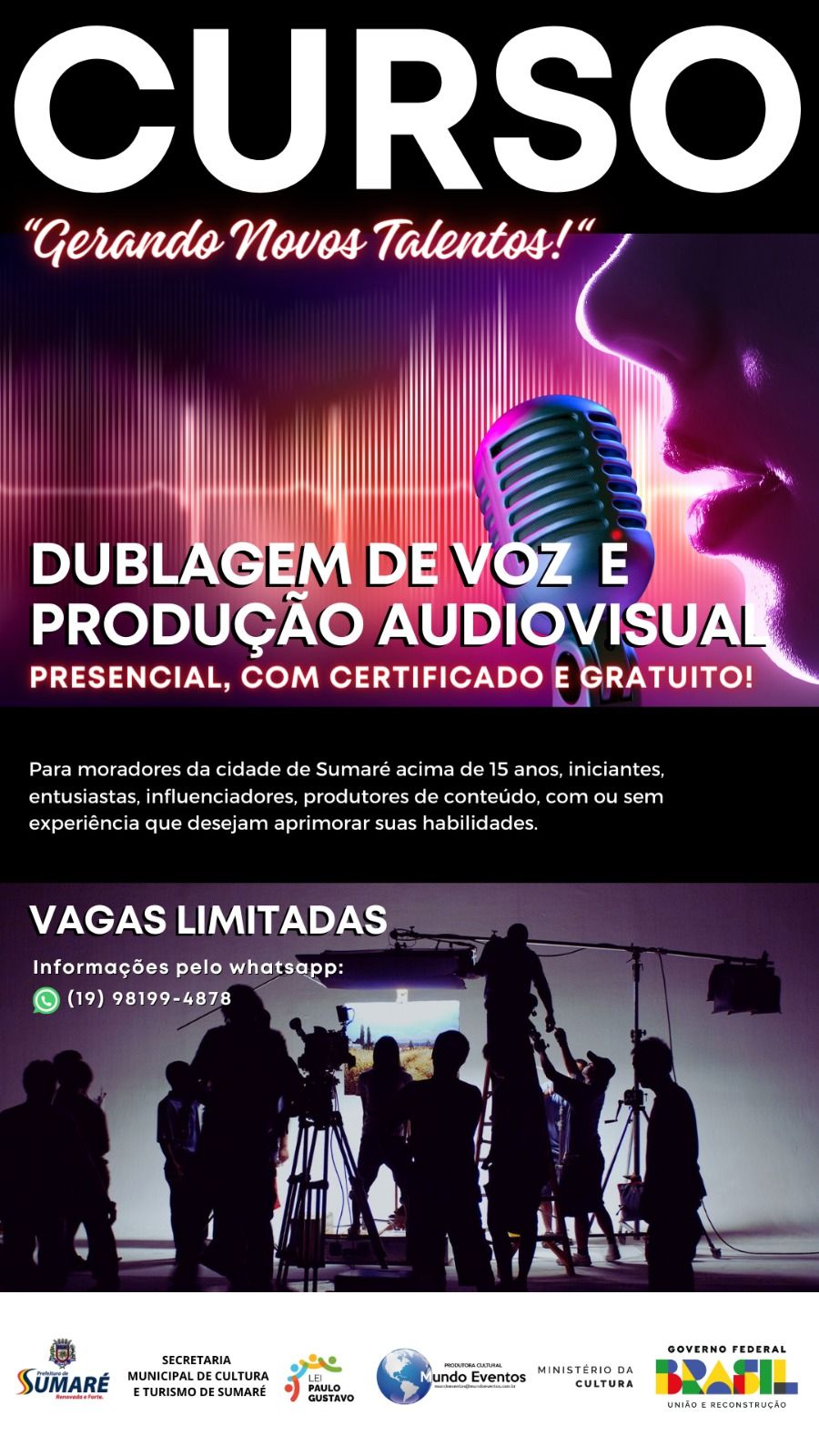 Vagas para curso de dublagem de voz e produção audiovisual em Sumaré
