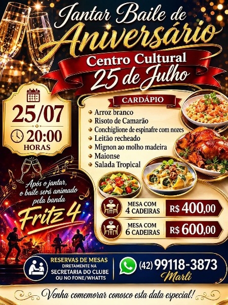 JANTAR BAILE DE ANIVERS&Aacute;RIO CENTRO CULTURAL 25 DE JULHO